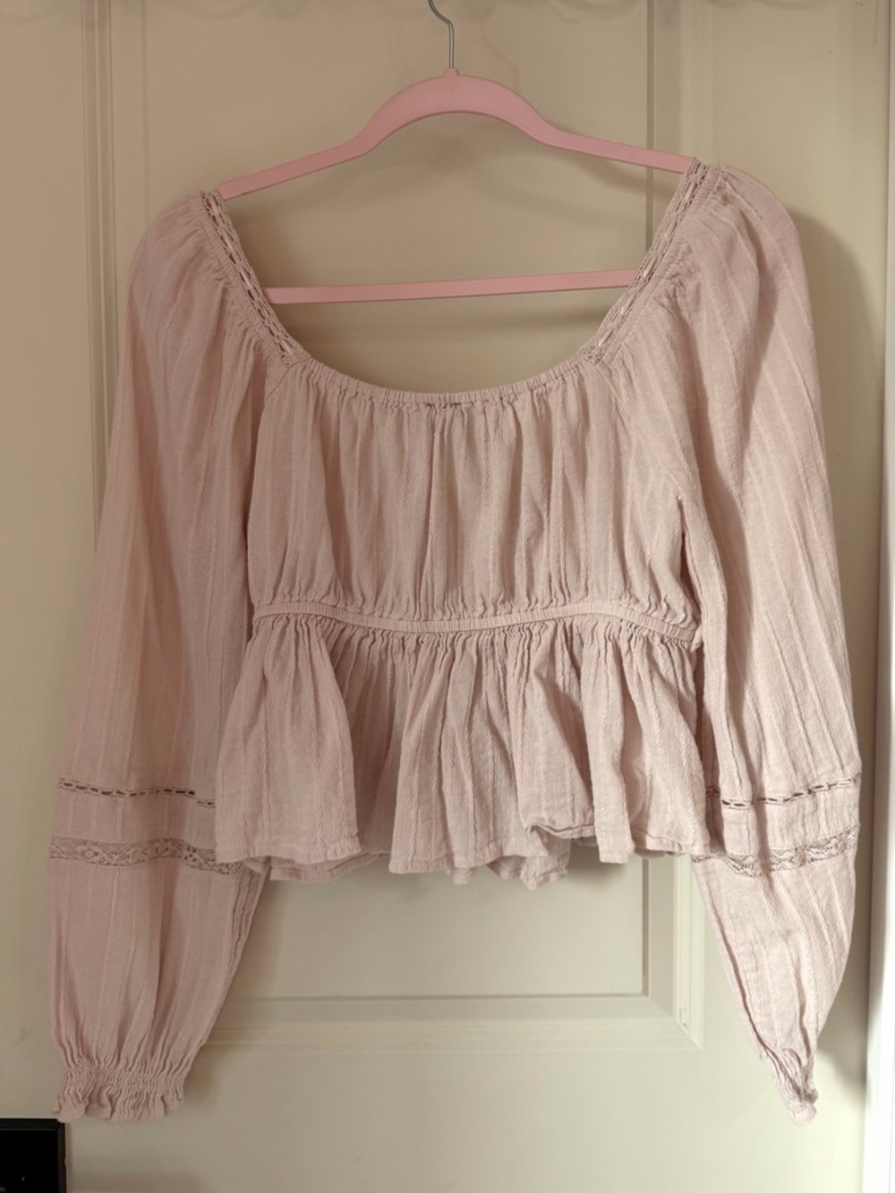 American Eagle Boho Peasant Top Blush Pink Lace Tie Front Medium - Picture 2 of 4